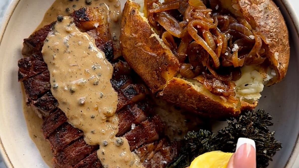 Steak with Peppercorn Sauce, Cheesy Garlic Butter Jacket Potato & Roasted Broccoli