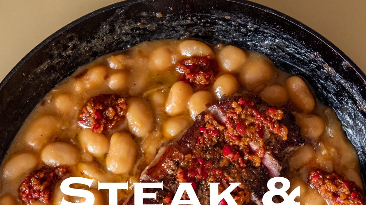 Rump Steak with Miso and Caramelised Onion Butter Beans and Chili Sauce