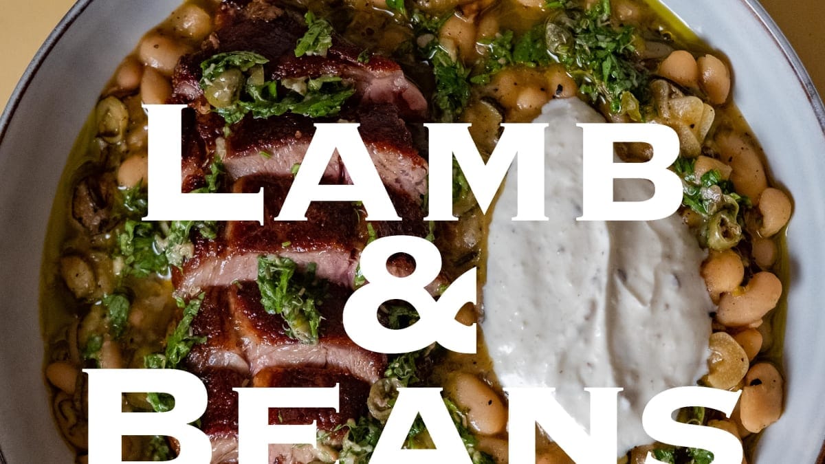 Lamb Steak with Courgette Beans, Cumin Garlic Yogurt and Salsa Verde