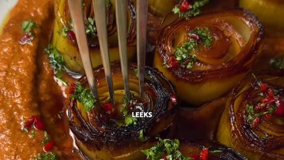 Balsamic‑Glazed Leeks with Muhammara