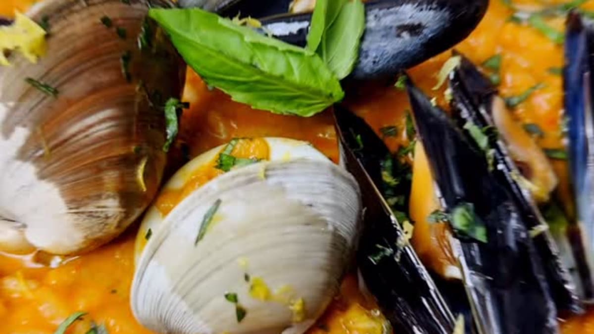 Tomato Basil Risotto with Clams and Mussels