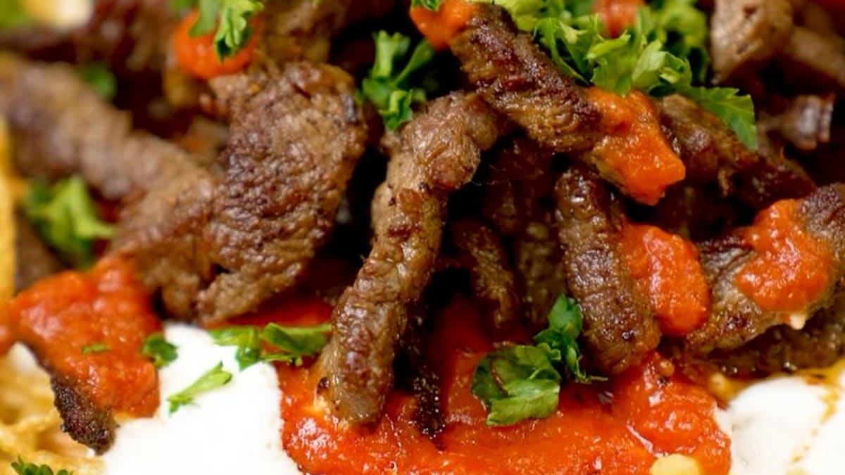 Heart-Shaped Beef Kebab with Tomato Sauce and Matchstick Potatoes