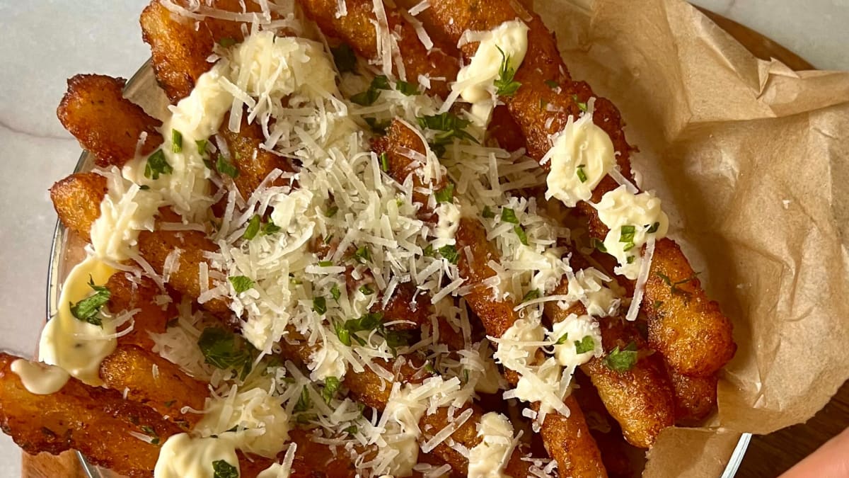 Crunchy Japanese Long Fries with Garlic Mayo Parmesan Sauce