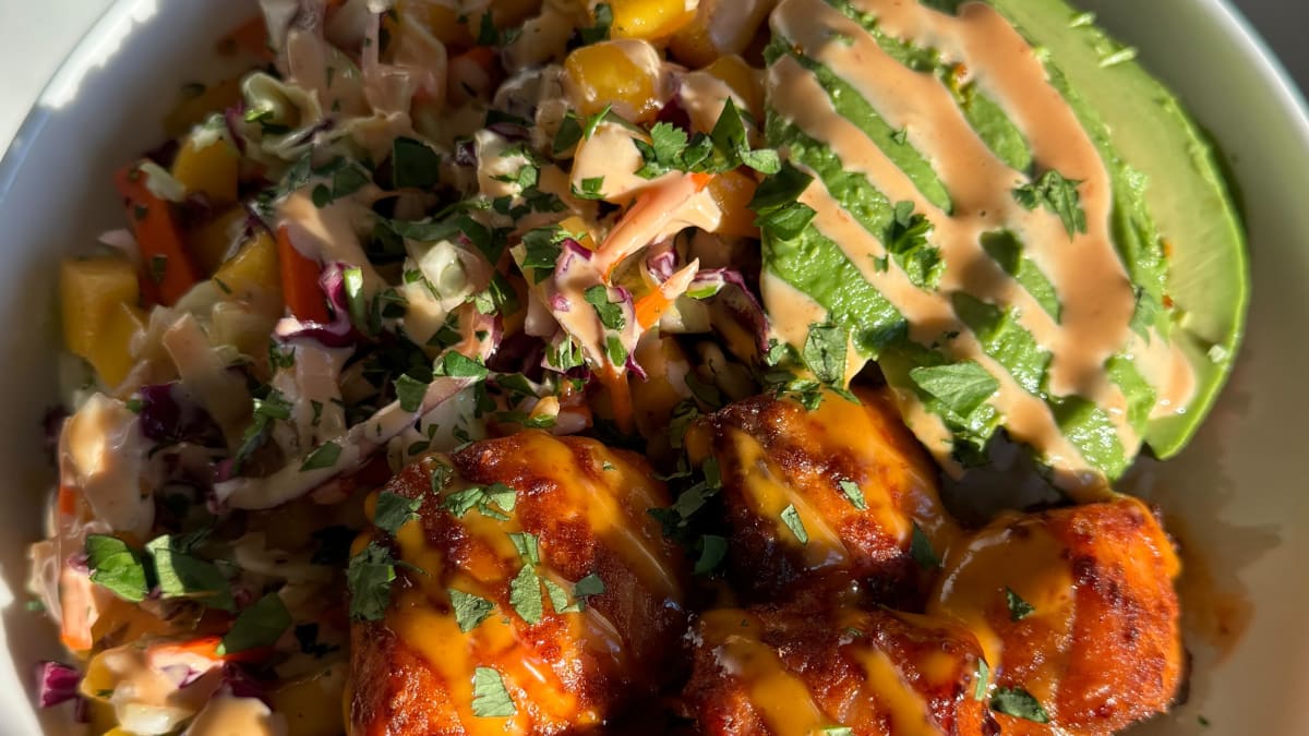 Salmon, Mango Salsa and Coconut Rice Bowl
