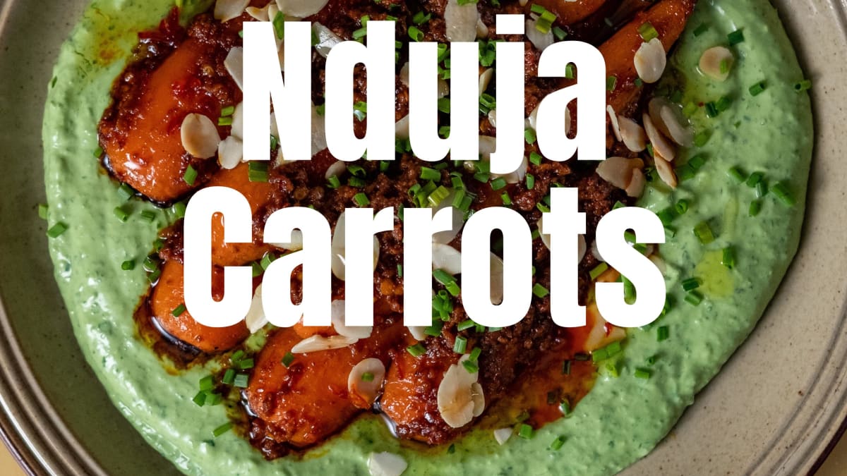 Sticky Nduja Carrots with Garlic‑Whipped Ricotta, Hot Honey and Toasted Almond Flakes