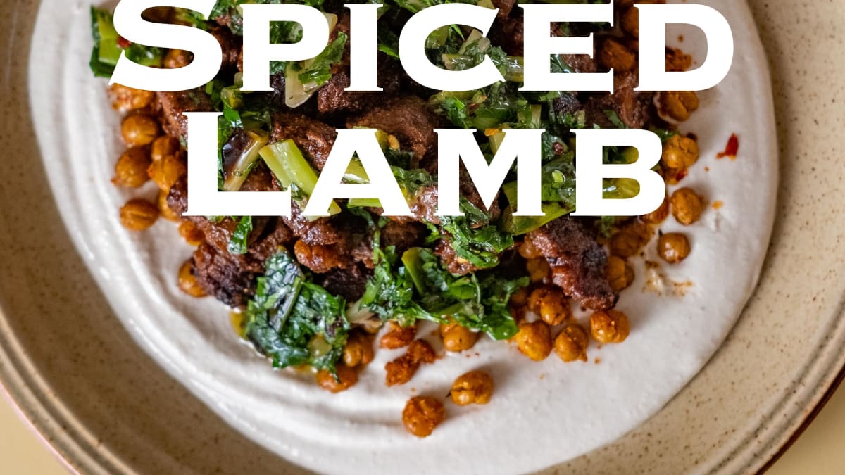 Spiced Lamb with Tahini Yogurt, Crispy Chickpeas and Charred Spring Onion‑Mint Chimichurri