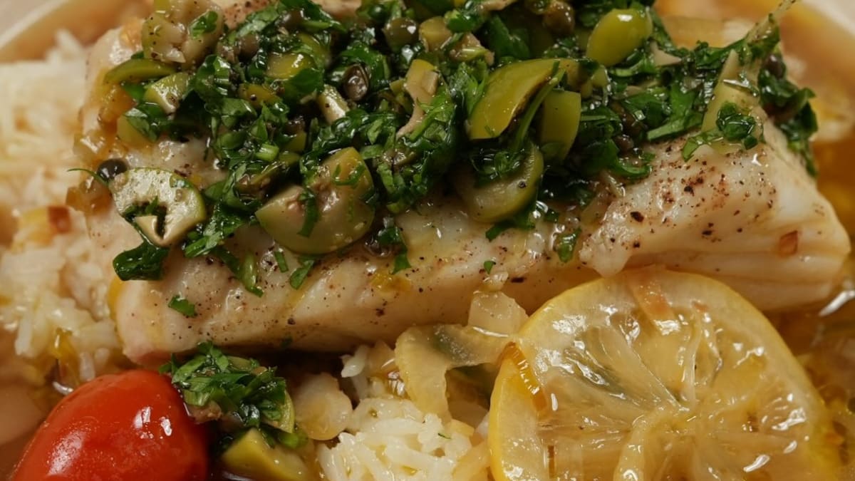 Brothy Halibut with Butter Beans and Olive‑Caper Salsa
