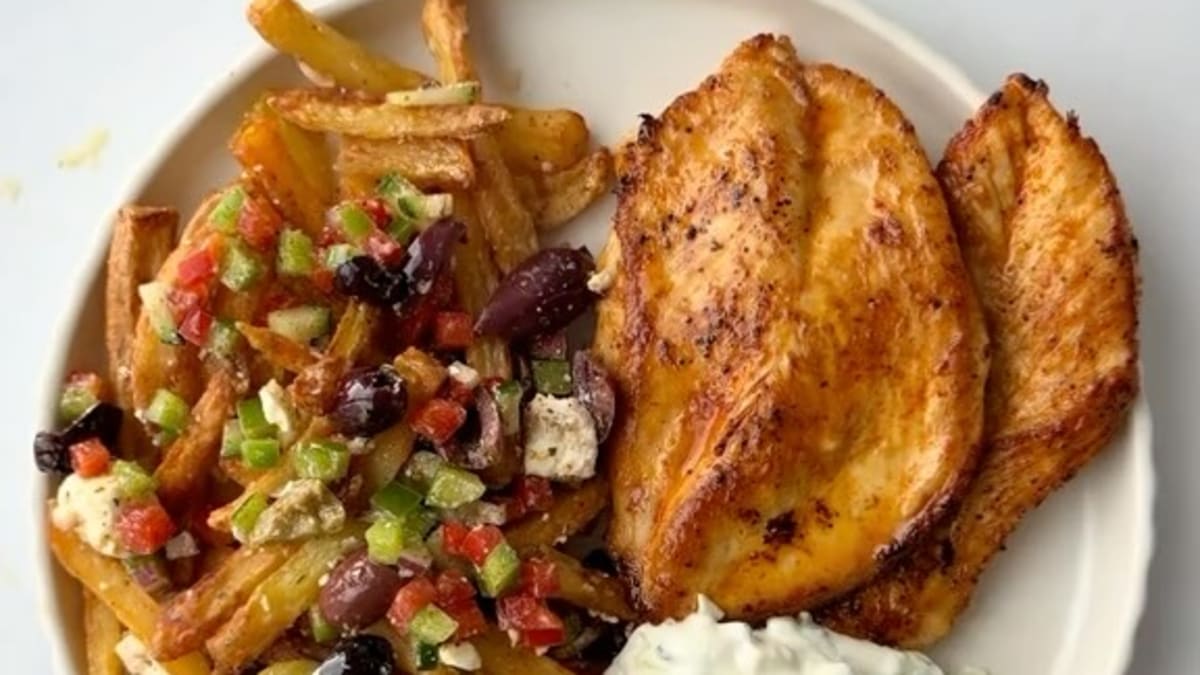Greek Salad Fries with Grilled Chicken and Tzatziki