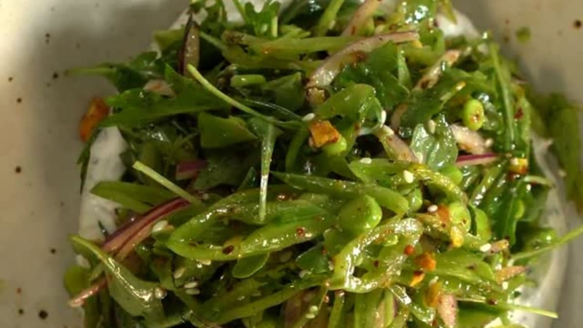 Snap Pea Salad with Dukkah, Charred Lemon Vinaigrette, and Goat Cheese
