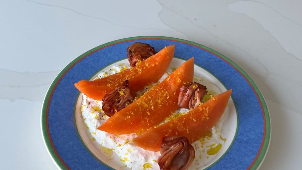 Melon, Fried Mortadella & Burrata Skewers