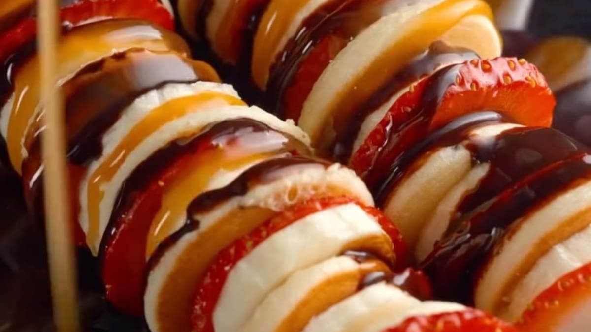 Fruit Skewers with Chocolate and Caramel Drizzle